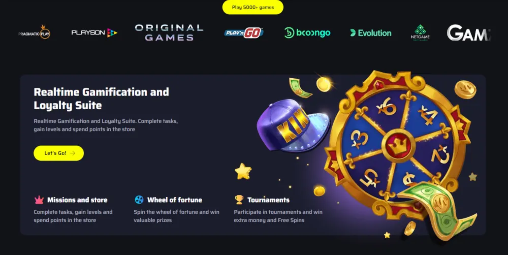 BDM Bet realtime gamificatie-interface met loyaliteitsbeloningen en rad van fortuin.